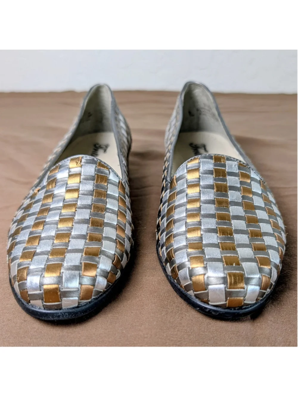 Trotters Womens 7.5 Narrow Woven Leather Ballet Flats Silver Bronze Comfort Shoe